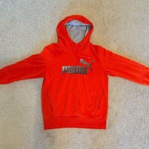 Puma Hoodie Men Small Orange Pullover Fleece Sweatshirt PUMA Logo Graphic